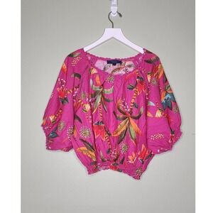 Rachel Roy Tropical Print Magenta Top Boho Cottage Vacation Resortwear S